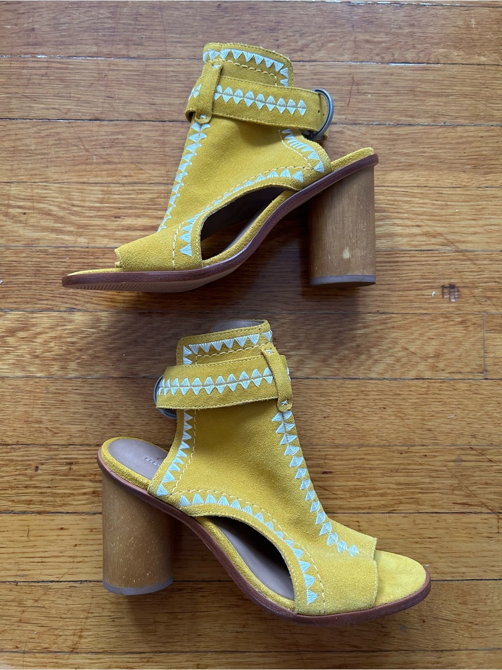 Bernardo Mustard Suede Open-Toe Ankle Boots with White Embroidered Detail